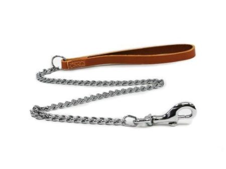 Ancol Medium Chain Dog Lead with Tan Leather Handle 32in For Discount