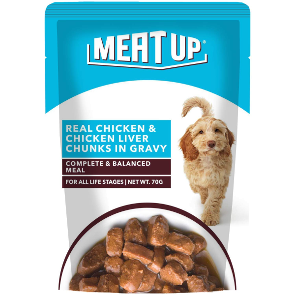 Meat Up Real Chicken & Chicken Liver in Gravy Dog Wet Food Pouch 70g For Discount